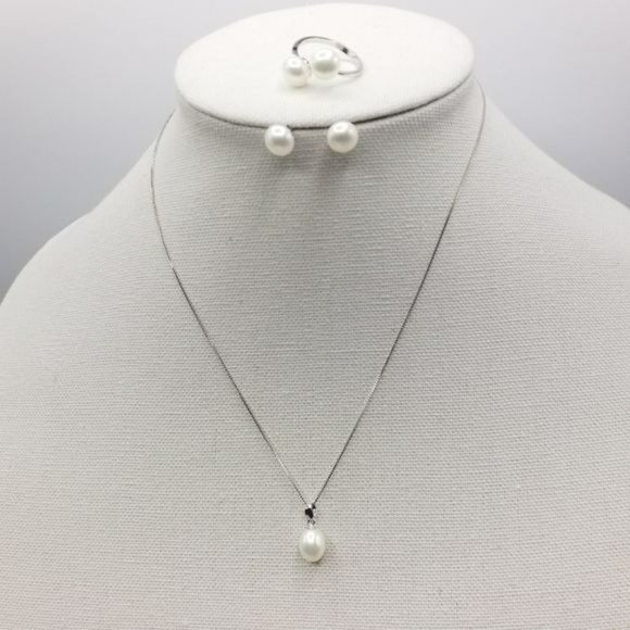 925 Sterling Silver Cultured White Freshwater Pearl Necklace Ring Earring Set - Picture 4 of 10